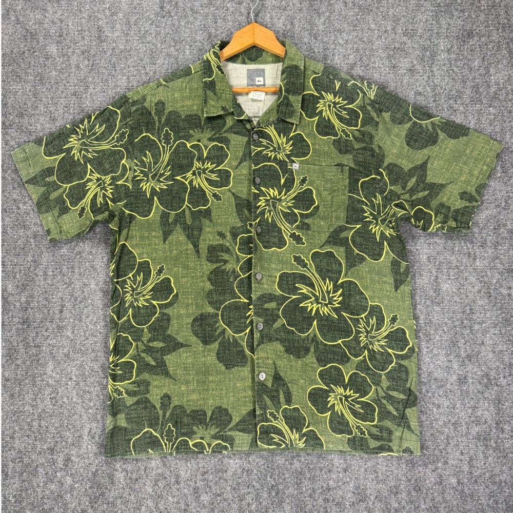 Quiksilver Hawaiian Floral Shirt Men's XL Olive Green Cotton Surf Button Up